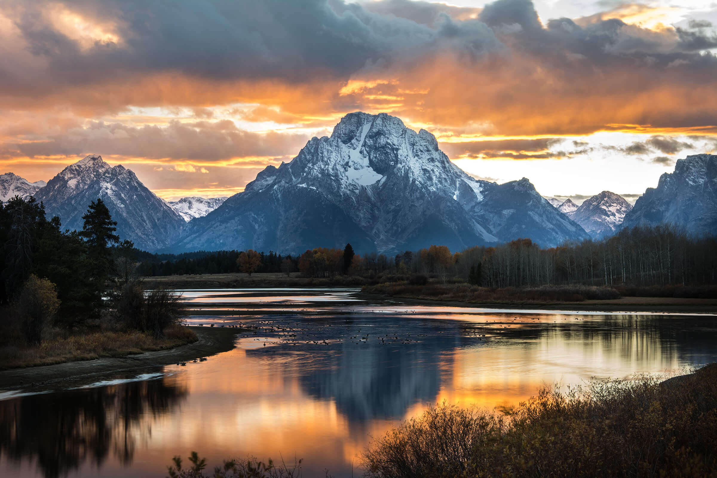 Stock photo of Oxbow Bend in Grand Teton National Park at sunset